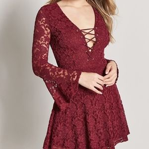 Women's Red Lace Bell-sleeve Dress
